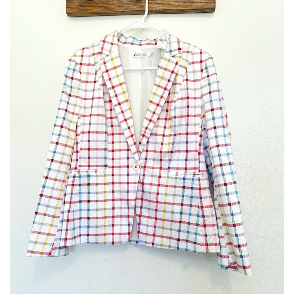 NWT New York & Company Rainbow Plaid Blazer Jacket Womens Colorful One Button 8